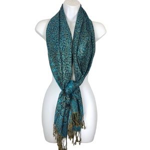 Cashmere Scarf, Wrap, Shawl, 65" X 23" Small Pattern, Blue, Black & Gold